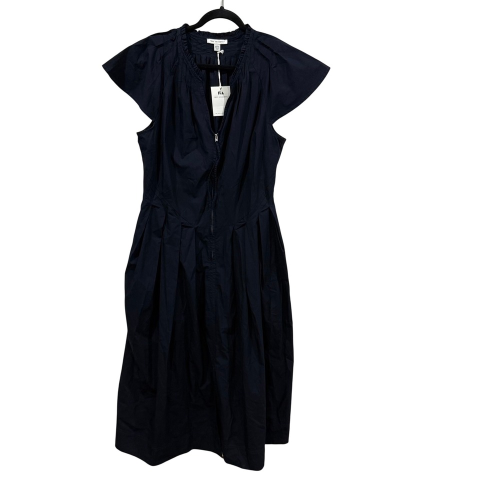 Free Assembly Women Darkest Navy Cotton V-Neck Flutter Sleeve Midi Dress L 12-14